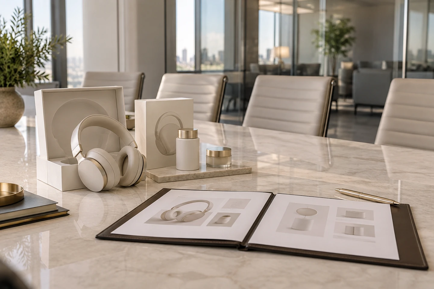 Illustrative product samples and presentation materials prepared for a buyer meeting