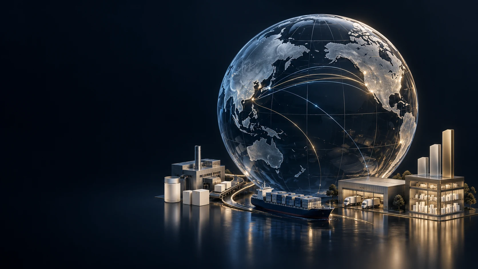 Conceptual glass globe linking manufacturing, shipping, warehousing and a US retail shelf; not a map of company facilities