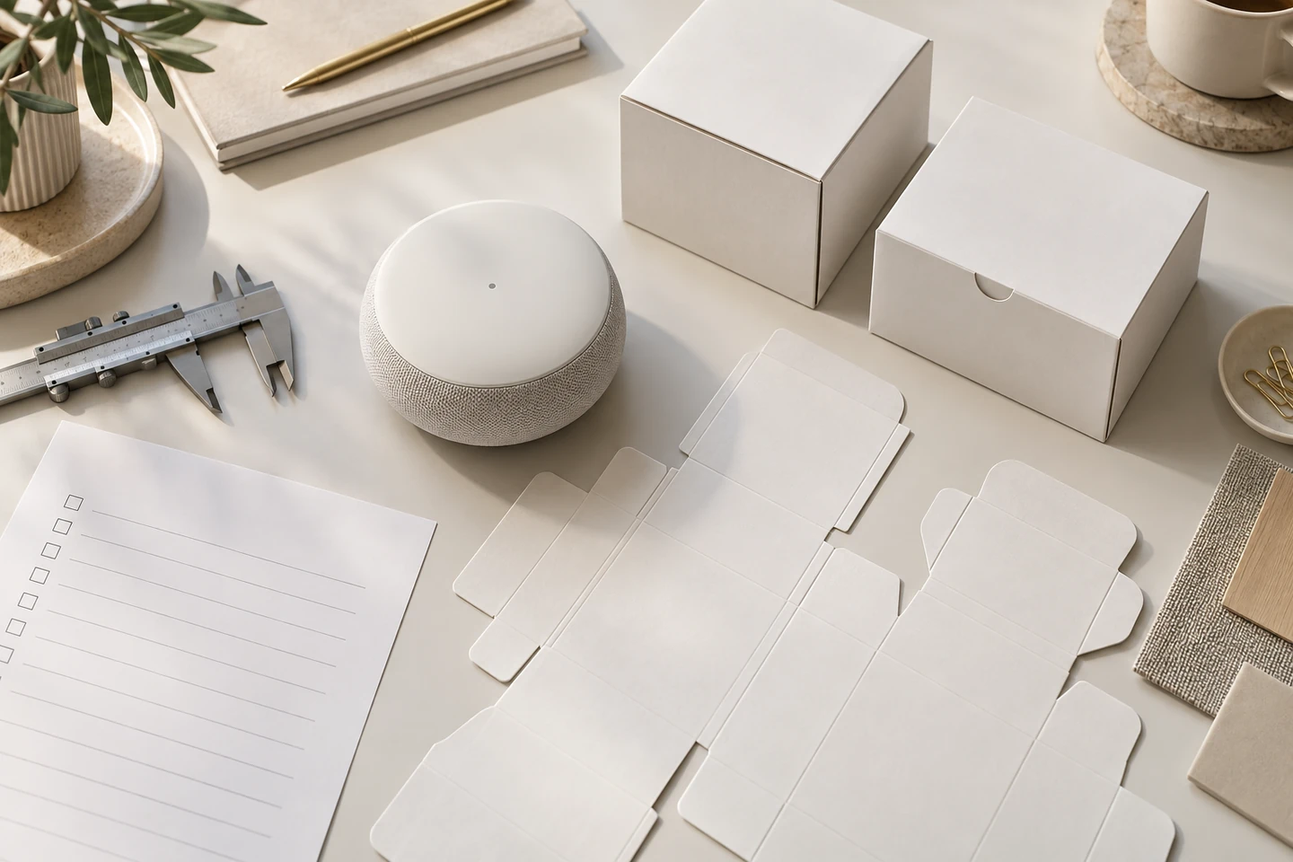 Illustrative product and packaging planning desk for retail readiness